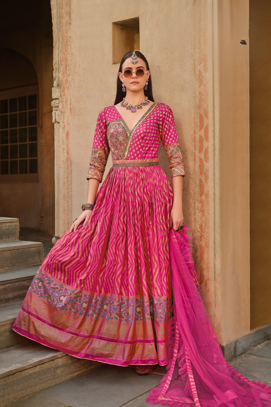 Elegant Rani Pink Hand-Embroidered Silk Gown With Graceful Dupatta