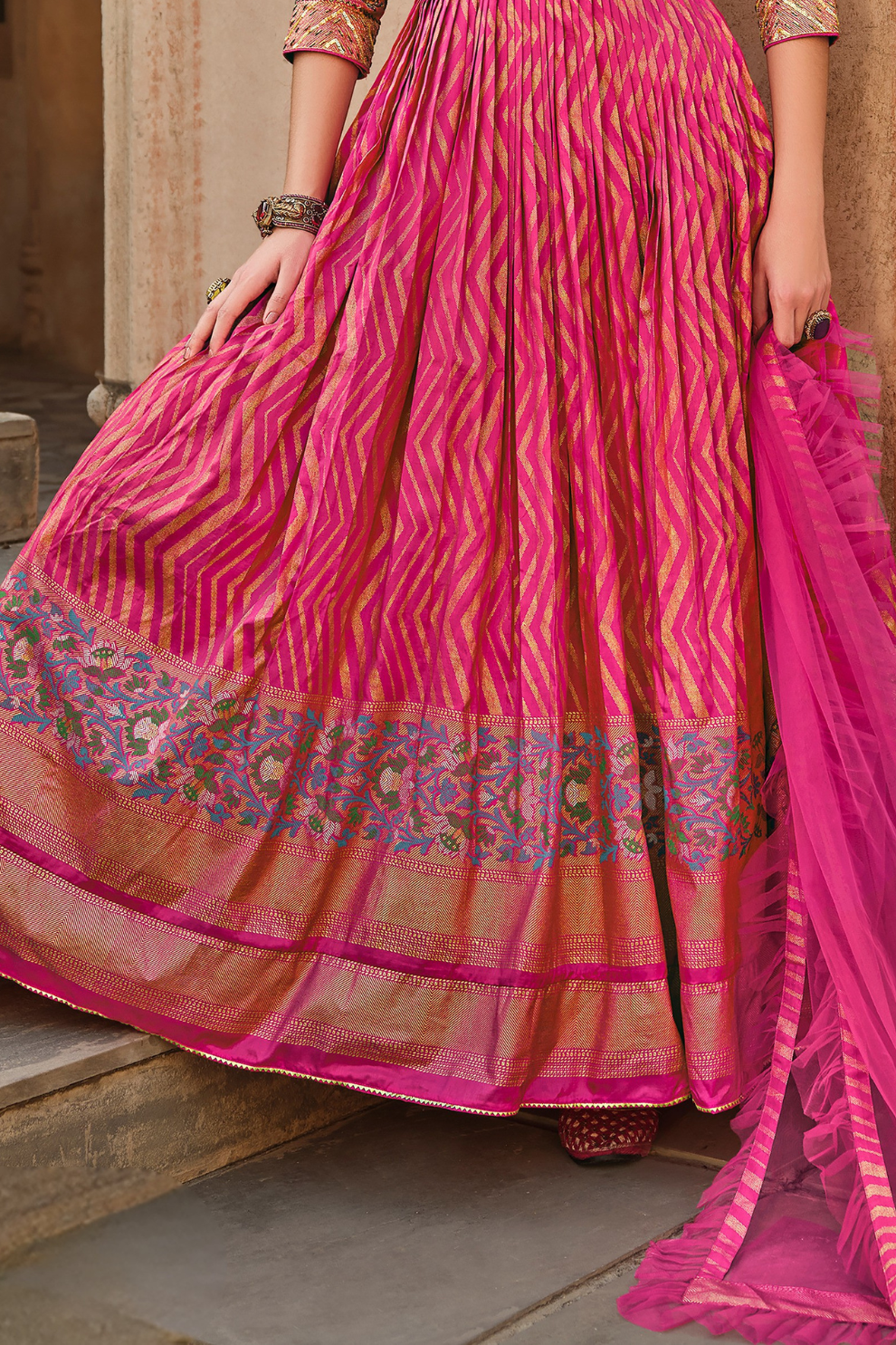 Elegant Rani Pink Hand-Embroidered Silk Gown With Graceful Dupatta