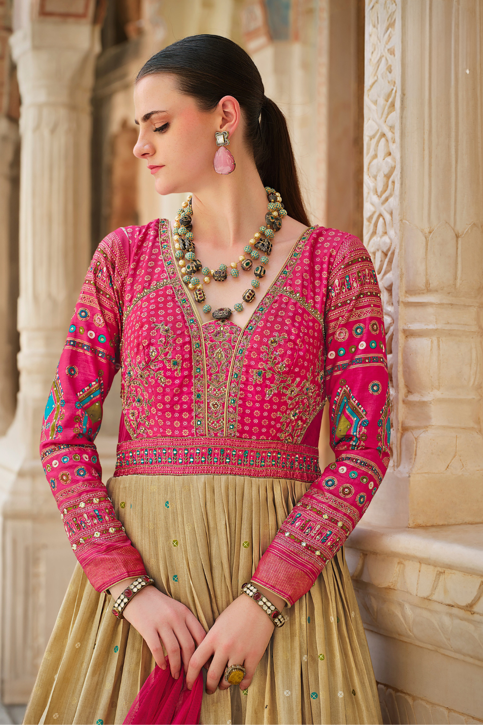 Luxurious Cream Silk Gown With Foil Print Work For Special Occasions