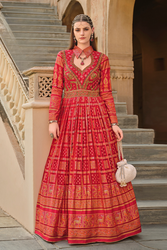 Opulent Rust Red Silk Gown With Foil Print And Handcrafted