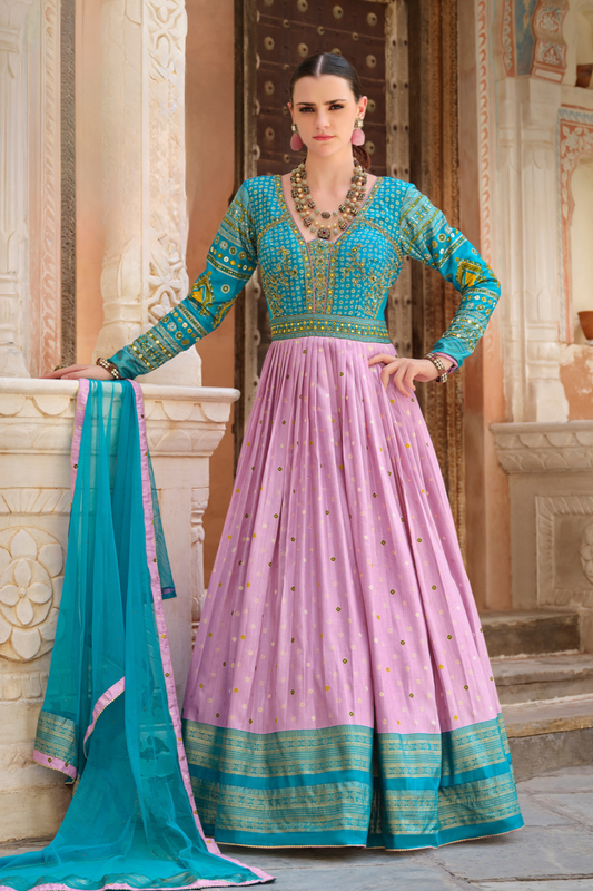 Dual-Tone Pink & Azure Blue Silk Gown With Intricate Hand Embroidery