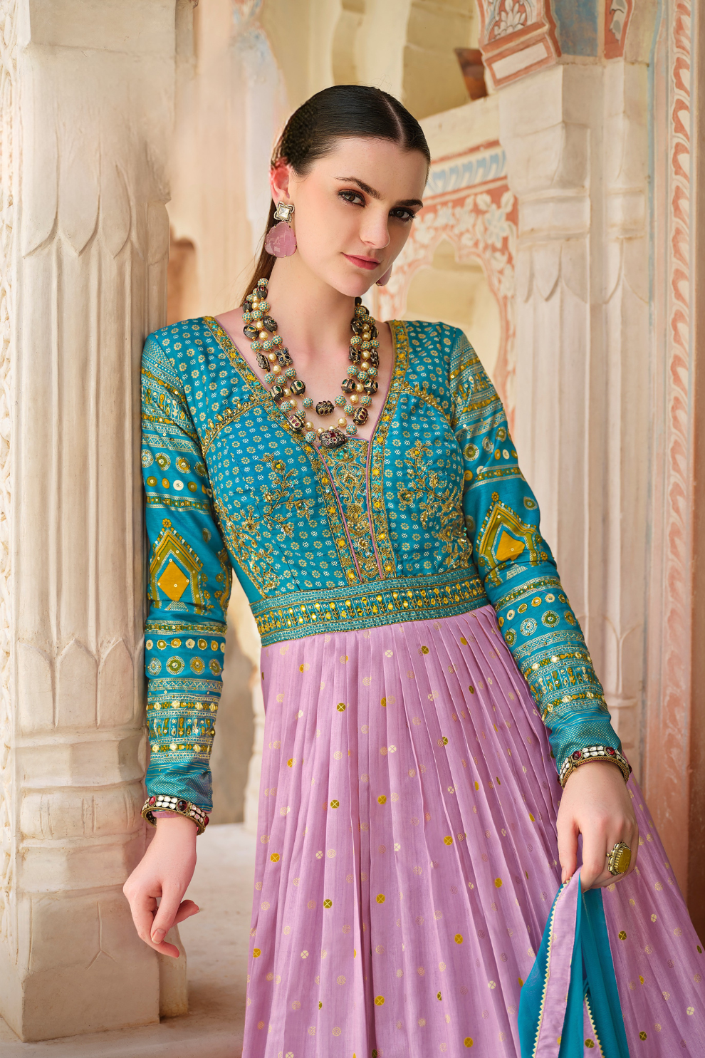 Dual-Tone Pink & Azure Blue Silk Gown With Intricate Hand Embroidery