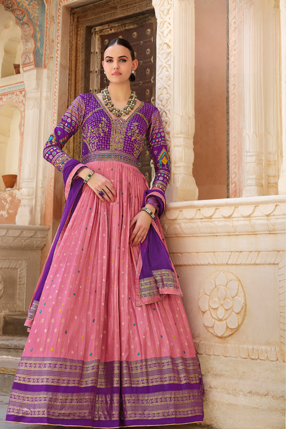 Silk Foil Printed Ancestral Gown In Violet Pink Tones