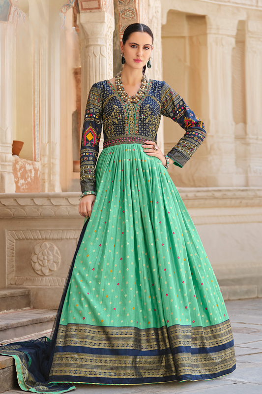 Elegant Green & Blue Silk Gown With Foil Print And Intricate Embroidery