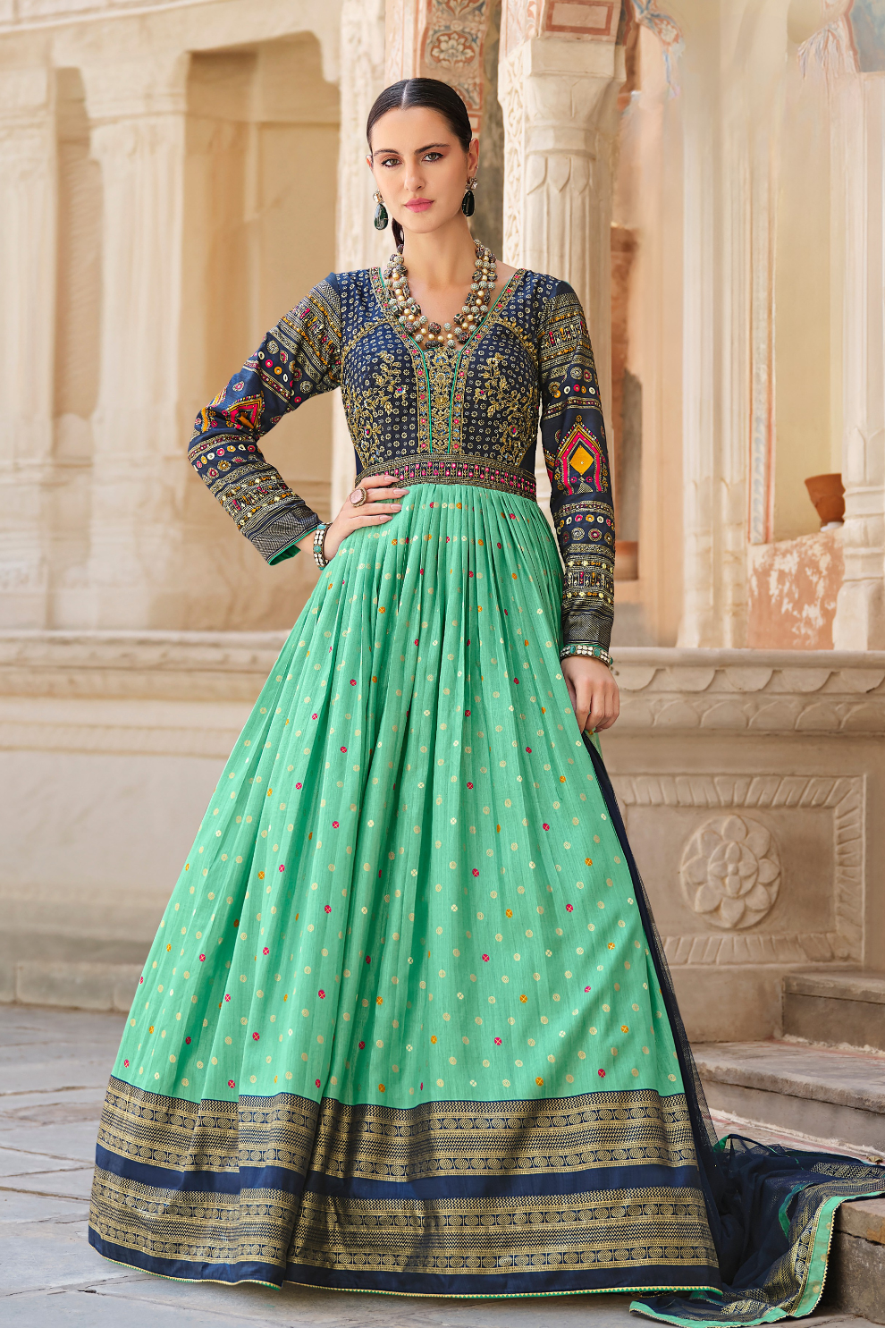 Elegant Green & Blue Silk Gown With Foil Print And Intricate Embroidery