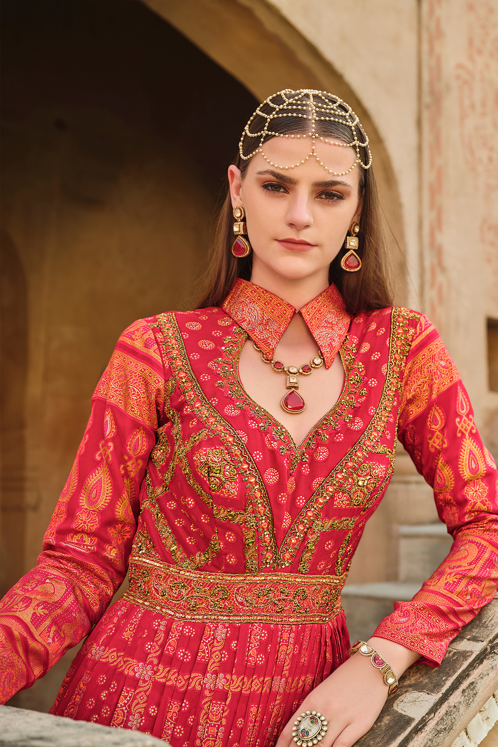 Embellished Red Anarkali Gown In Luxe Premium Sil