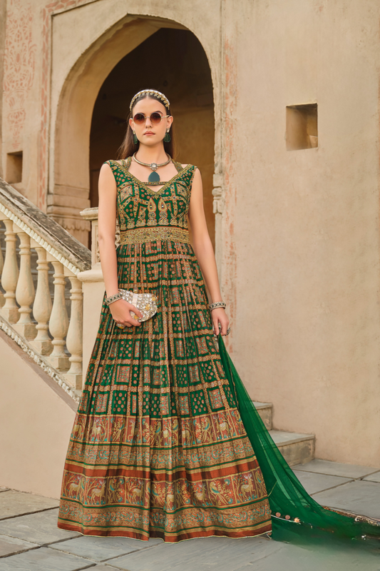 Graceful Green Silk Gown With Detailed Hand Embroidery