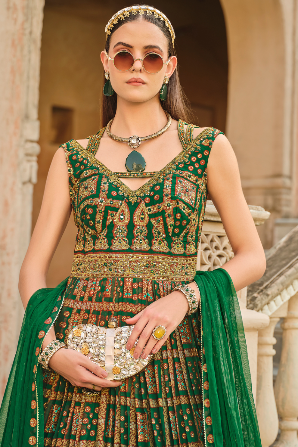 Graceful Green Silk Gown With Detailed Hand Embroidery