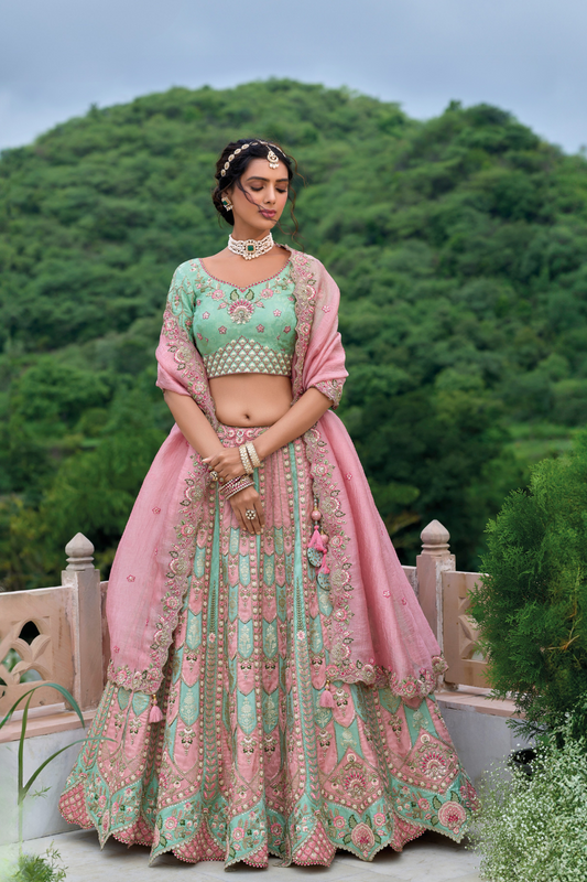 Beautifully Shaded Silk Lehenga with Handcrafted Embroidery & Cutwork