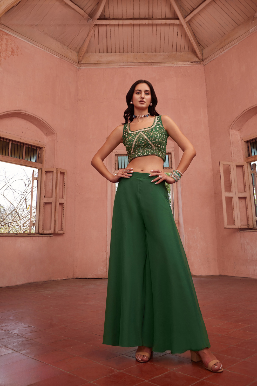 Elegant Indo-Western Green Shrug with Palazzo Outfit