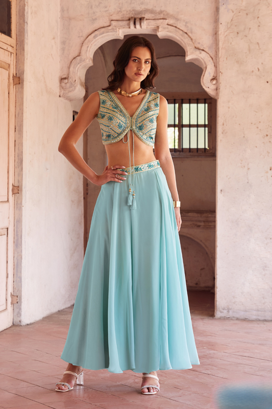 Georgette Minimal Hand Embellished Choli and Sky Blue Lehenga Set