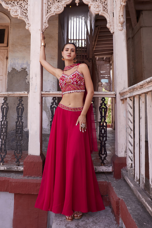 Elegant Rani Pink Georgette Lehenga Set with Designer Touch