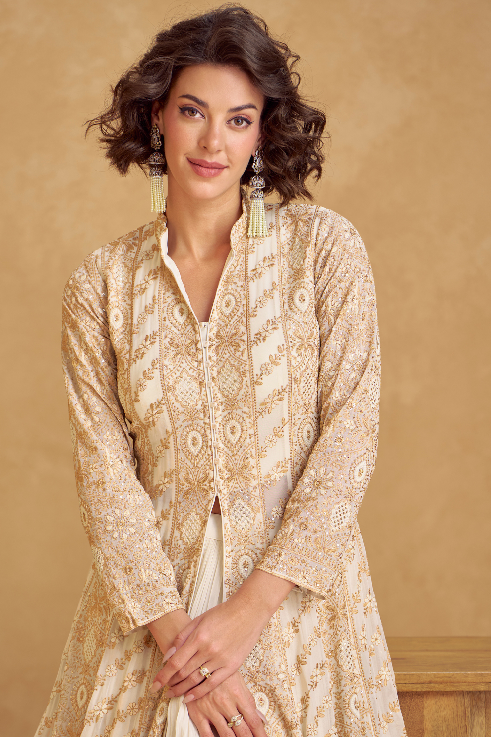 Elegance Redefined: Full-Length Indo-Western Dress with Zari Detailing for Luxe Festive Looks