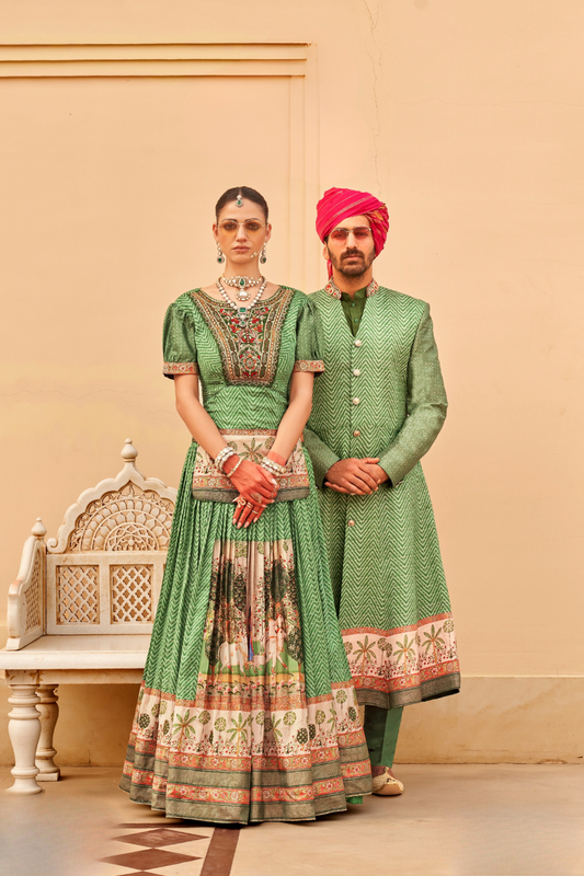 Designer Couple Outfit in Green Kurta Skirt and Men Indowestern Kurta - LaVante Fashion