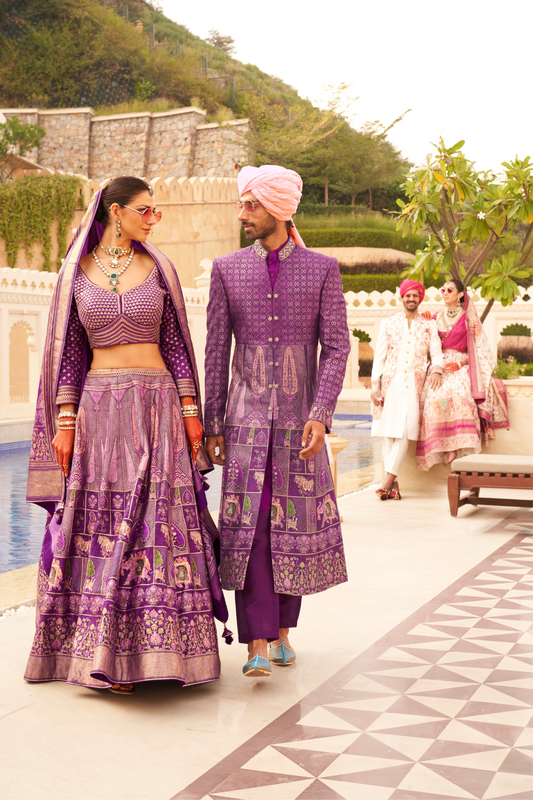 Regal Plum Printed Bridal Lehenga & Floral Print Kurta Set for Couple - LaVante Fashion