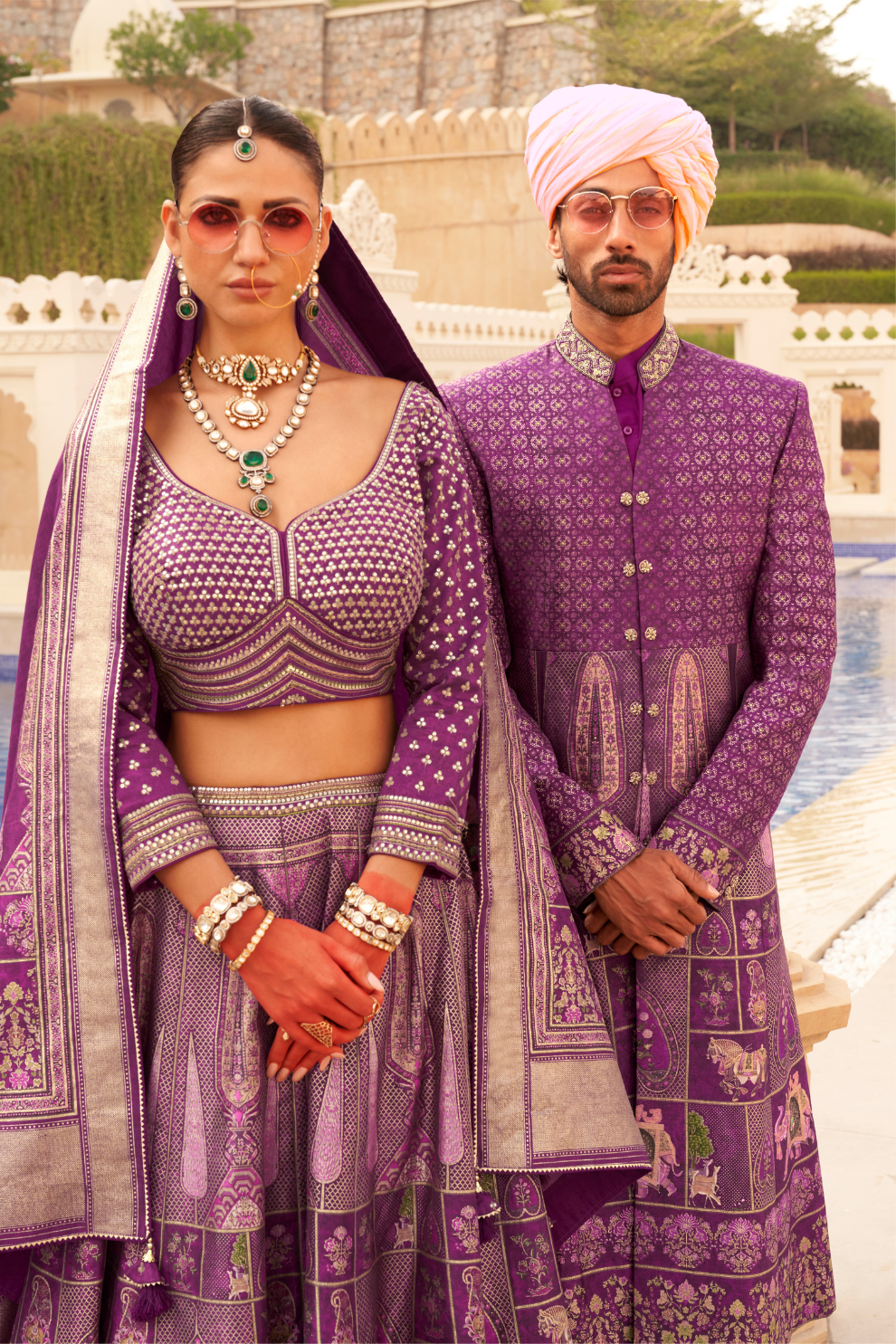 Regal Plum Printed Bridal Lehenga & Floral Print Kurta Set for Couple - LaVante Fashion