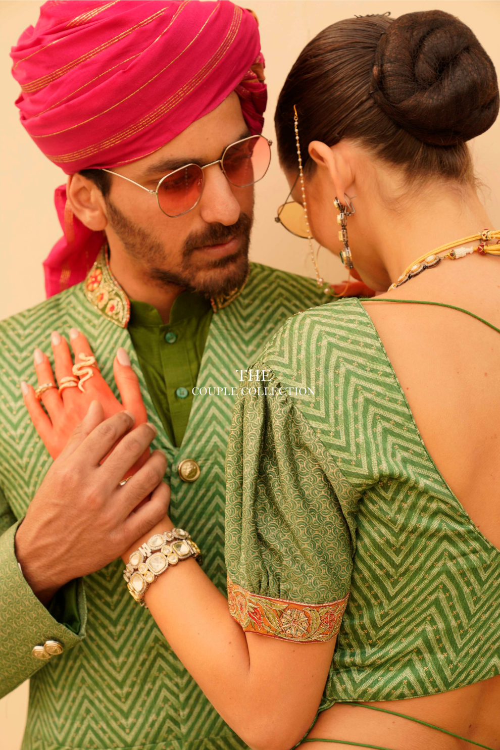 Designer Couple Outfit in Green Kurta Skirt and Men Indowestern Kurta - LaVante Fashion