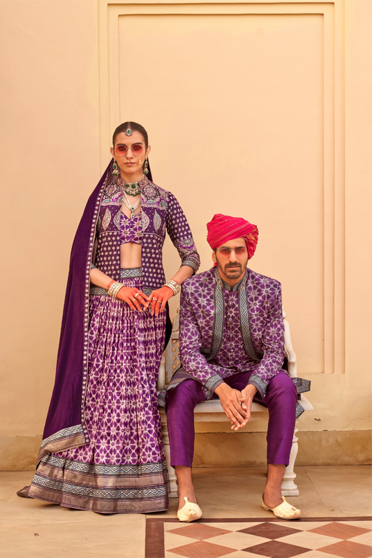 Regal Violet Bridal Lehenga & Floral Print Kurta Set for Couple - LaVante Fashion