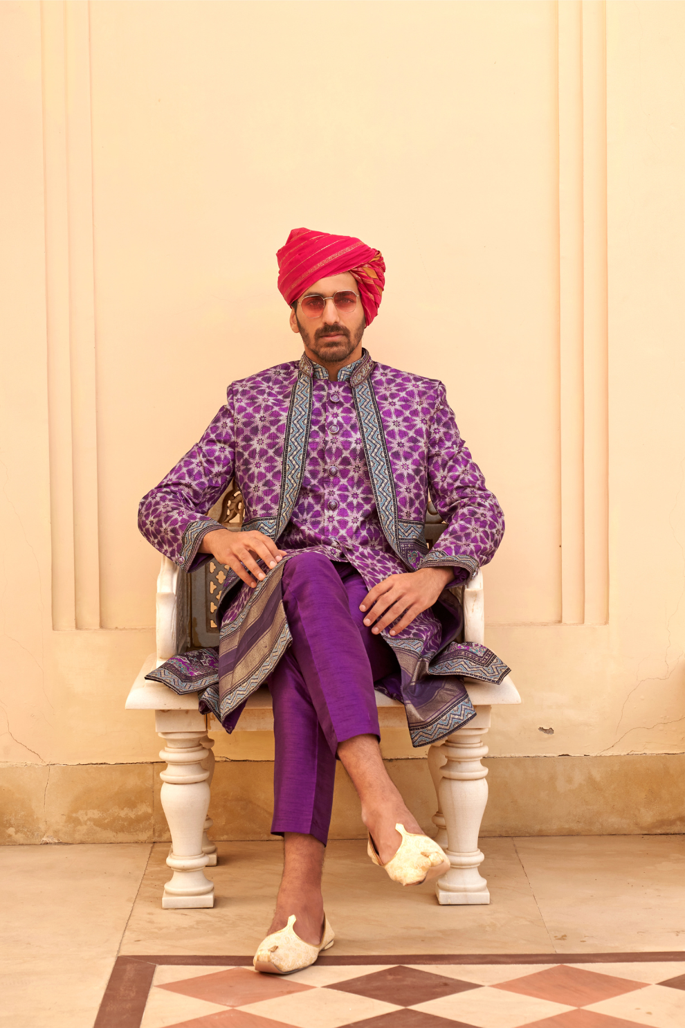 Regal Violet Bridal Lehenga & Floral Print Kurta Set for Couple - LaVante Fashion