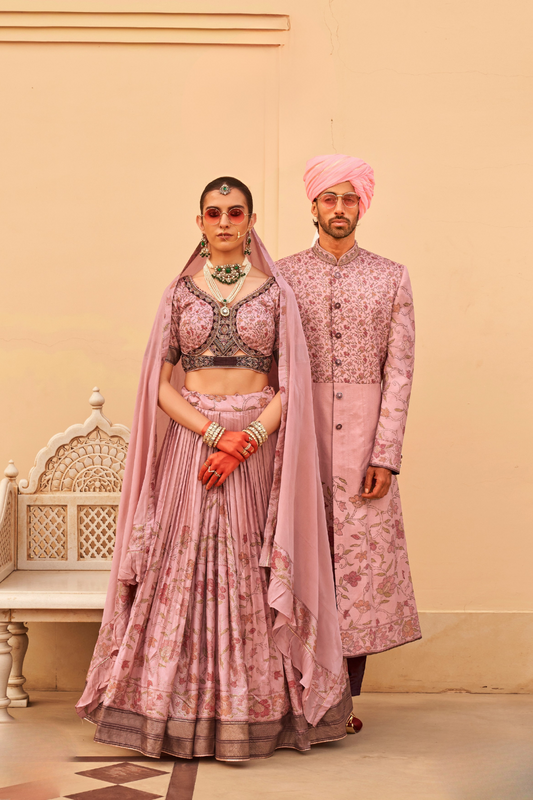 Designer Couple Outfit in Peach Floral Kurta Skirt and Men Indowestern Kurta - LaVante Fashion