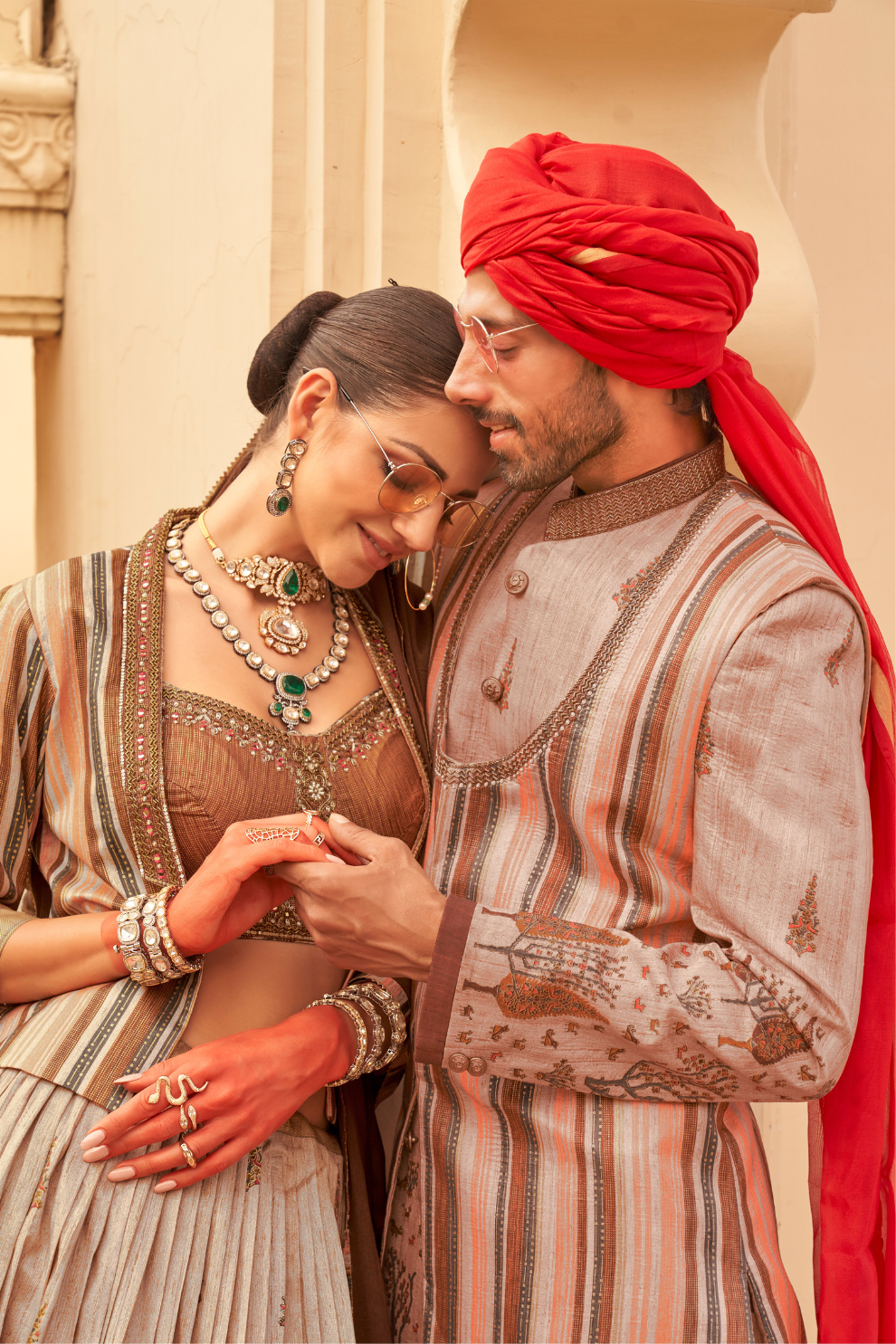 Regal Beige Bridal Lehenga & Floral Print Kurta Set for Couple - LaVante Fashion