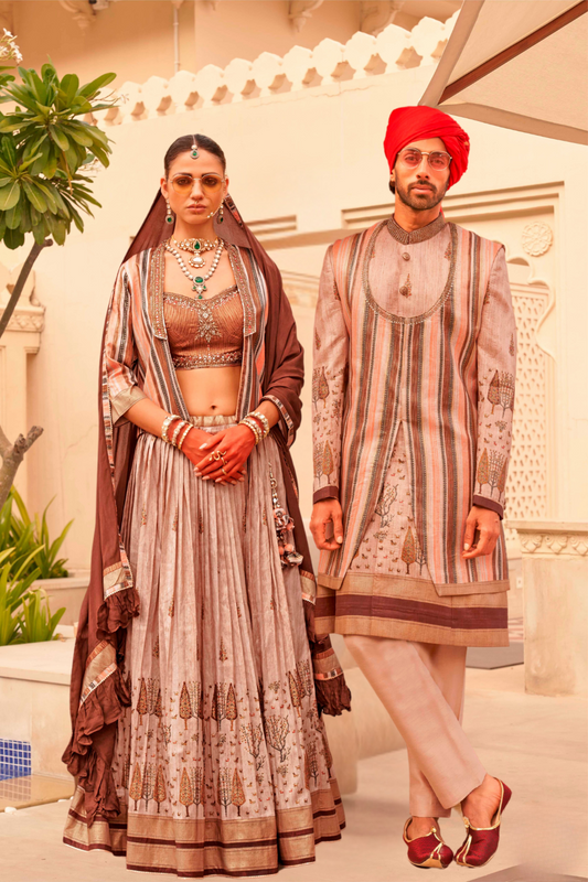 Regal Beige Bridal Lehenga & Floral Print Kurta Set for Couple - LaVante Fashion