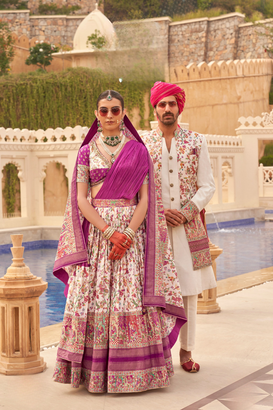 Regal White Bridal Lehenga & Floral Print Kurta Set for Couple - LaVante Fashion