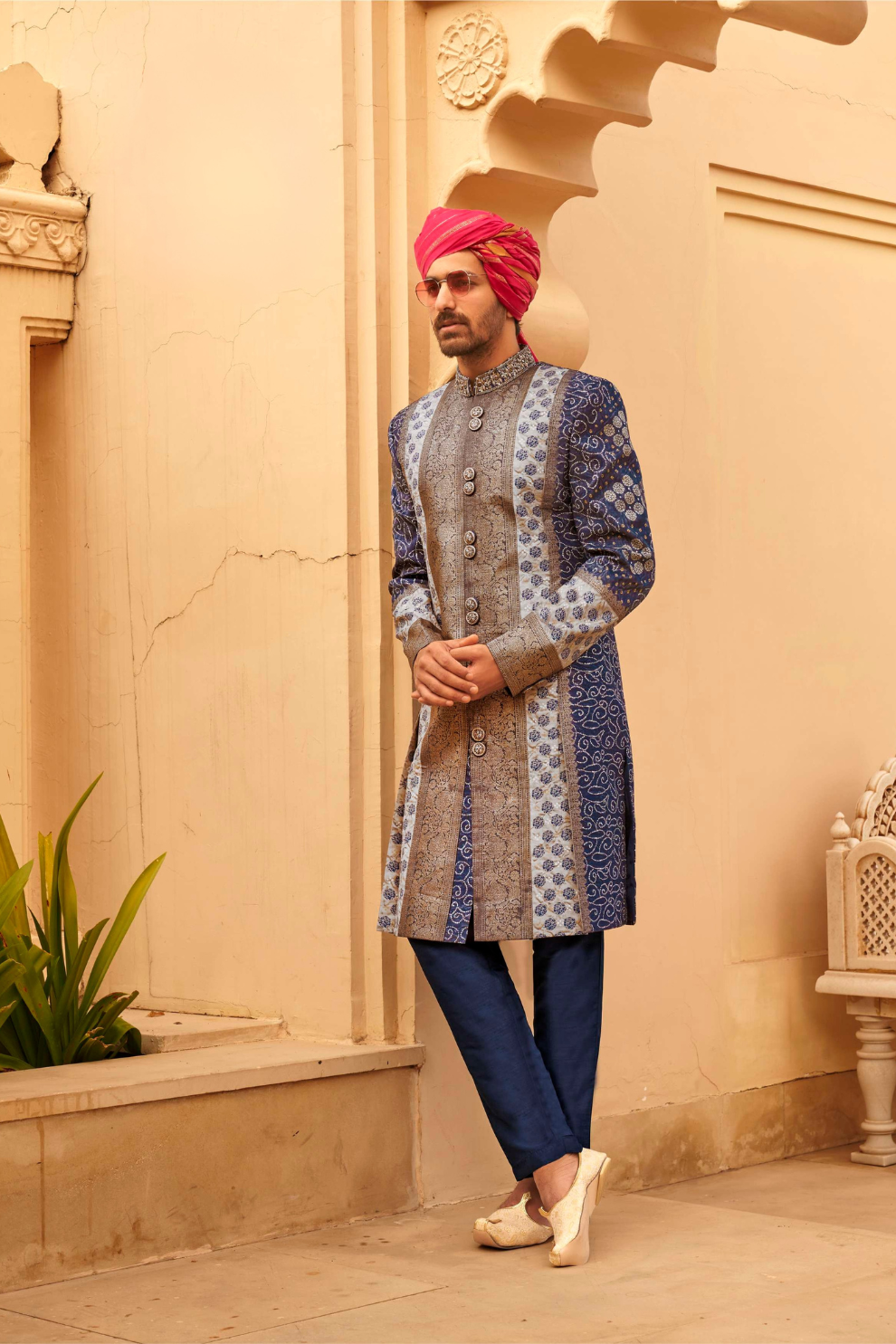 Designer Couple Outfit in Navy Blue Kurta Skirt and Men Indowestern Kurta - LaVante Fashion
