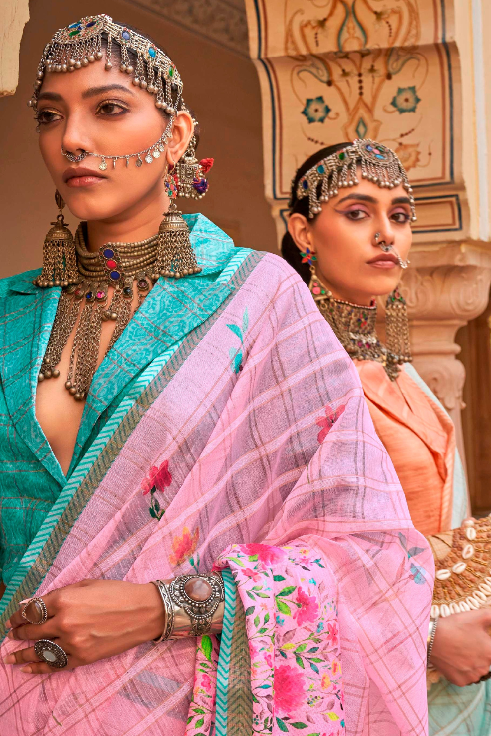 Graceful Linen Kora Saree with Woven Checks & Floral Elegance - LaVante Fashion