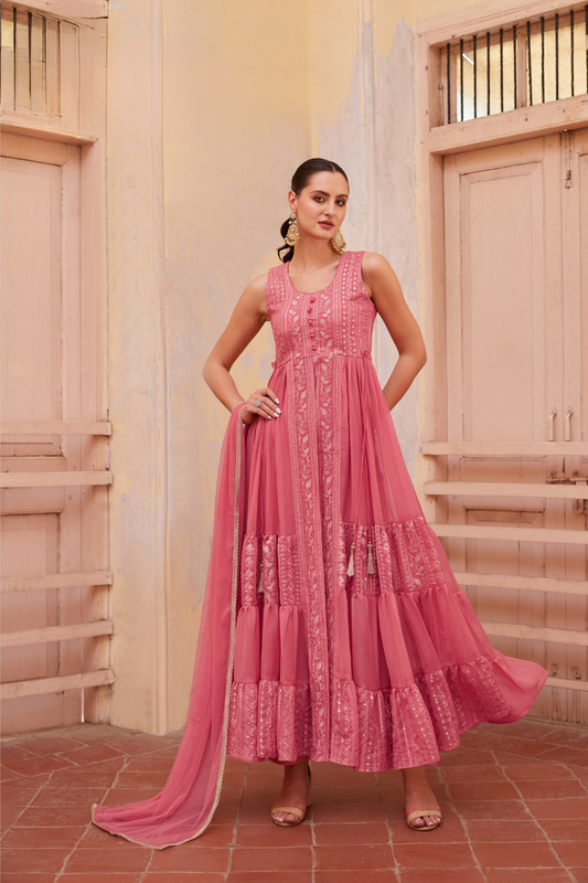 Embroidered Pink Indo-Western Georgette Outfit