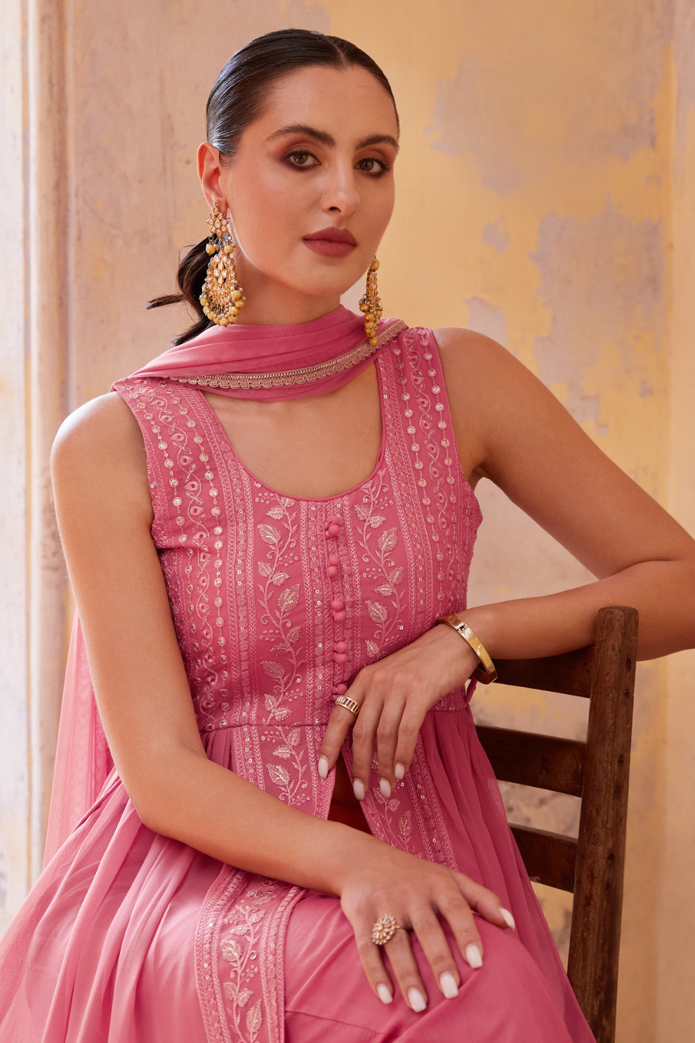 Embroidered Pink Indo-Western Georgette Outfit