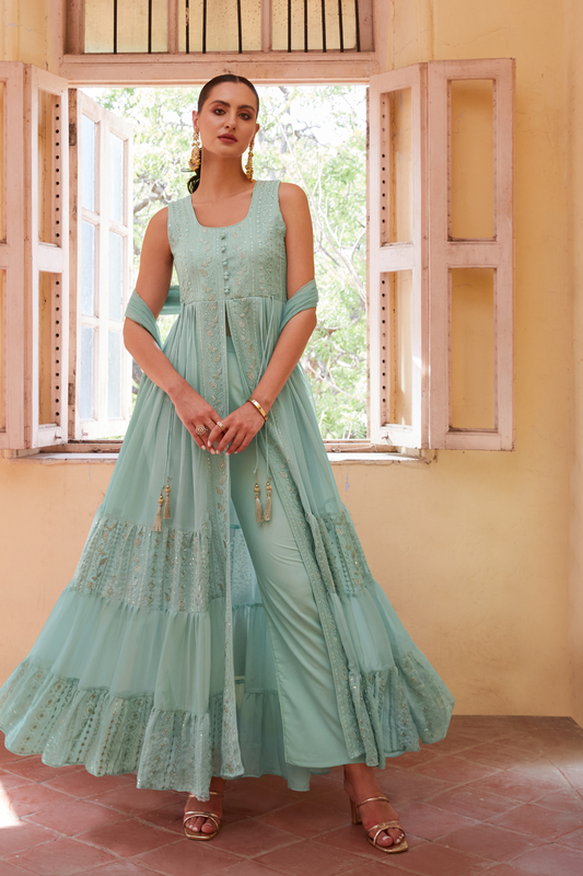 Trendy Blue Indo-Western Georgette Outfit with Intricate Embroidery Work