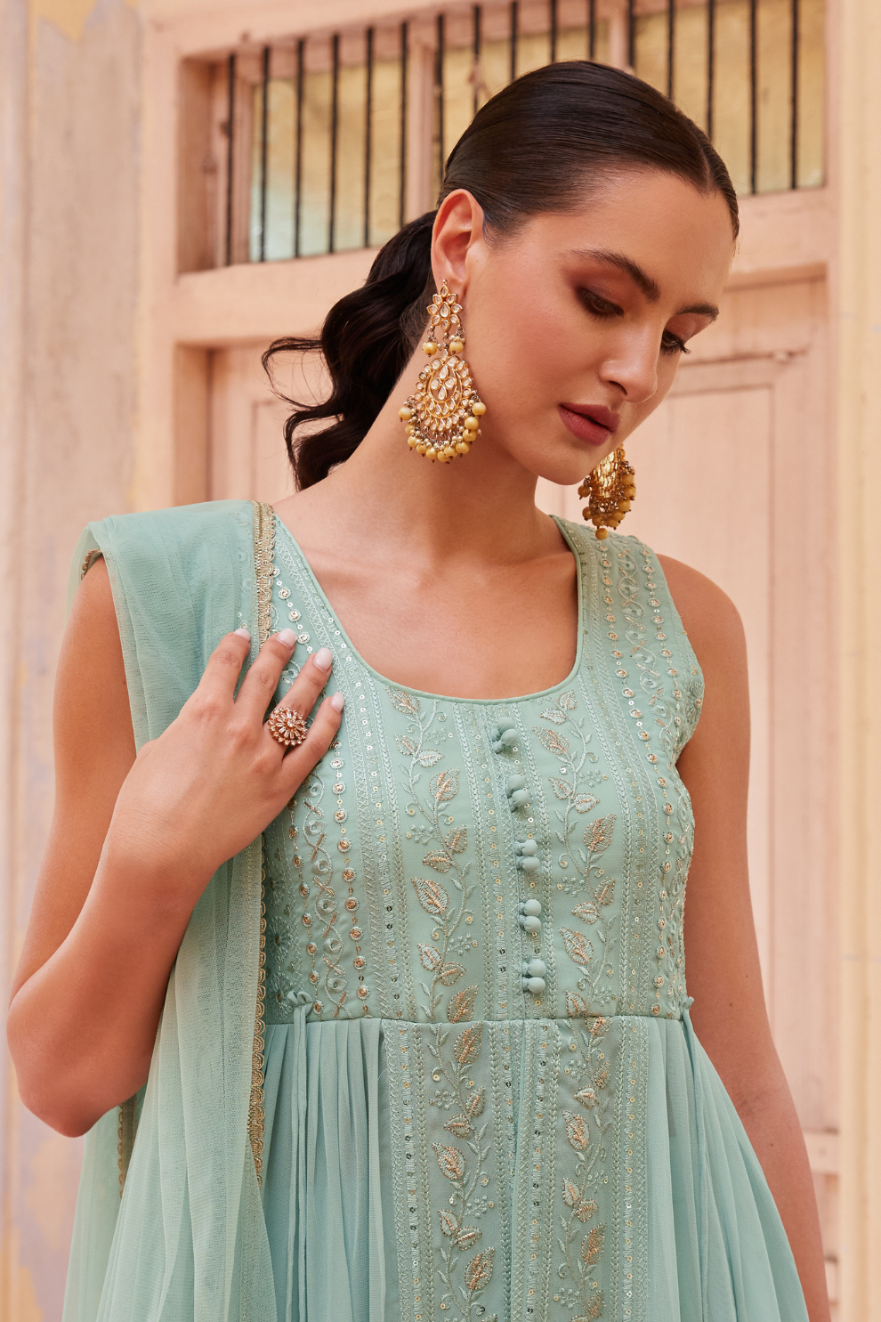 Trendy Blue Indo-Western Georgette Outfit with Intricate Embroidery Work