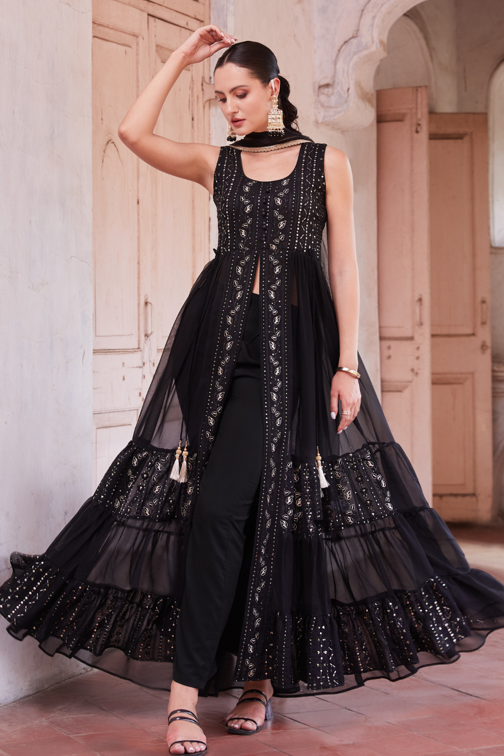 Black Anarkali Gown In Georgette With Zari Embroidery