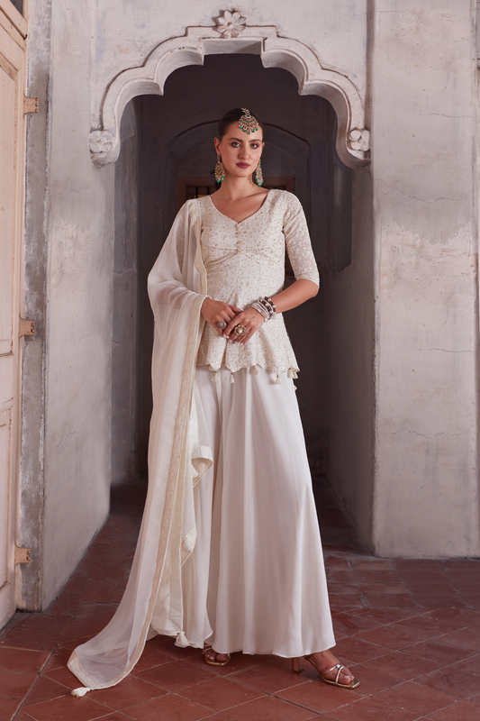 Off White Embroidered Georgette Sharara Suit Elegant Design