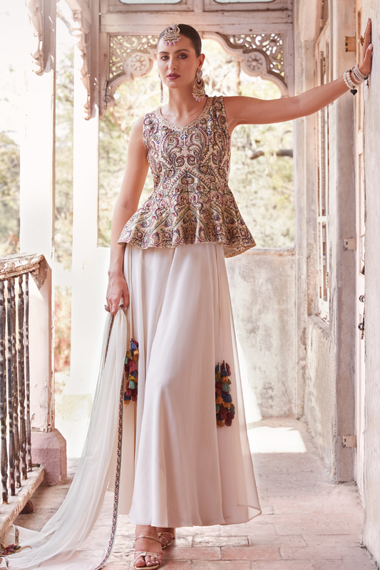 Designer Beige Readymade Satin Sharara Suit