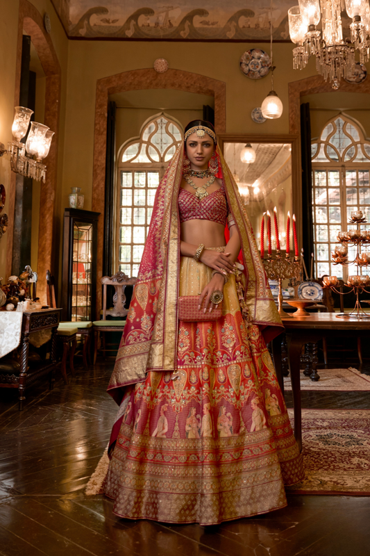 Radiant Orange & Pink Rajwadi Silk Lehenga With Mirror - LaVante Fashion