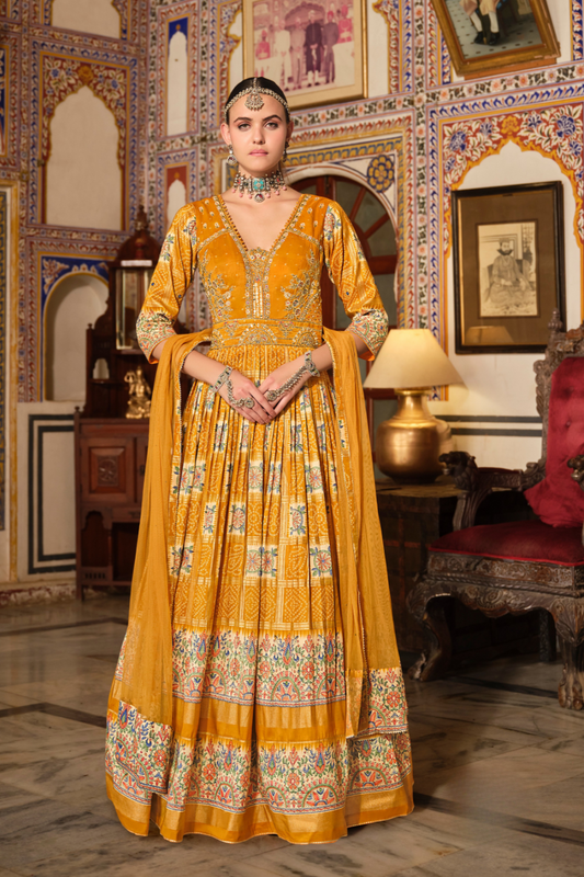 Yellow Bandhani Silk Haldi Wear Gown With Elegant Dupatta