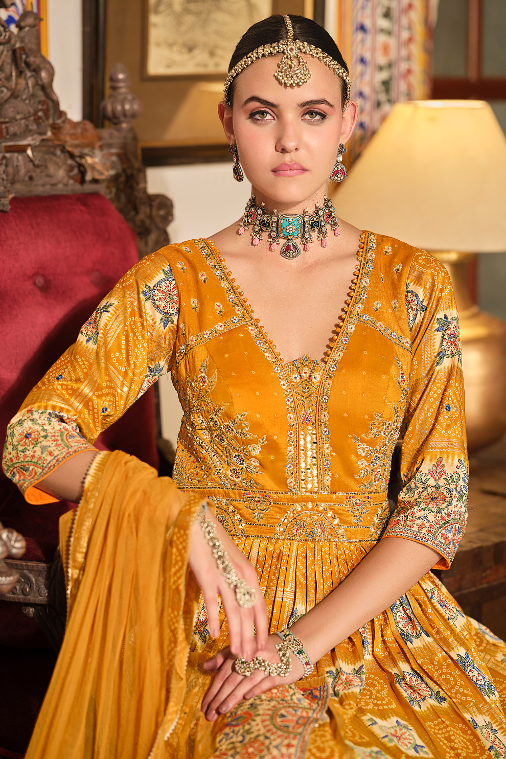 Yellow Bandhani Silk Haldi Wear Gown With Elegant Dupatta