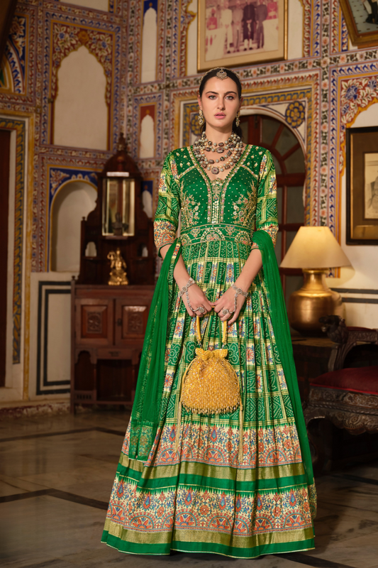 Green Bandhani Printed Silk Anarkali Gown With Dupatta