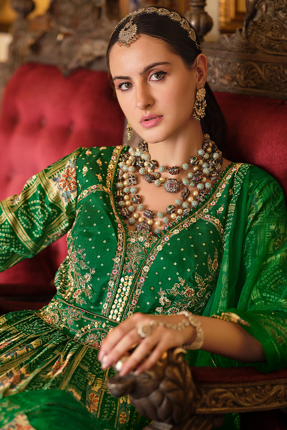 Green Bandhani Printed Silk Anarkali Gown With Dupatta