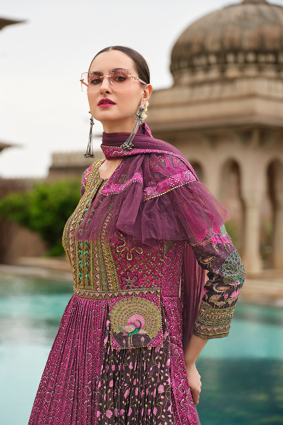Purple Floral Printed Anarkali Gown In Premium Silk