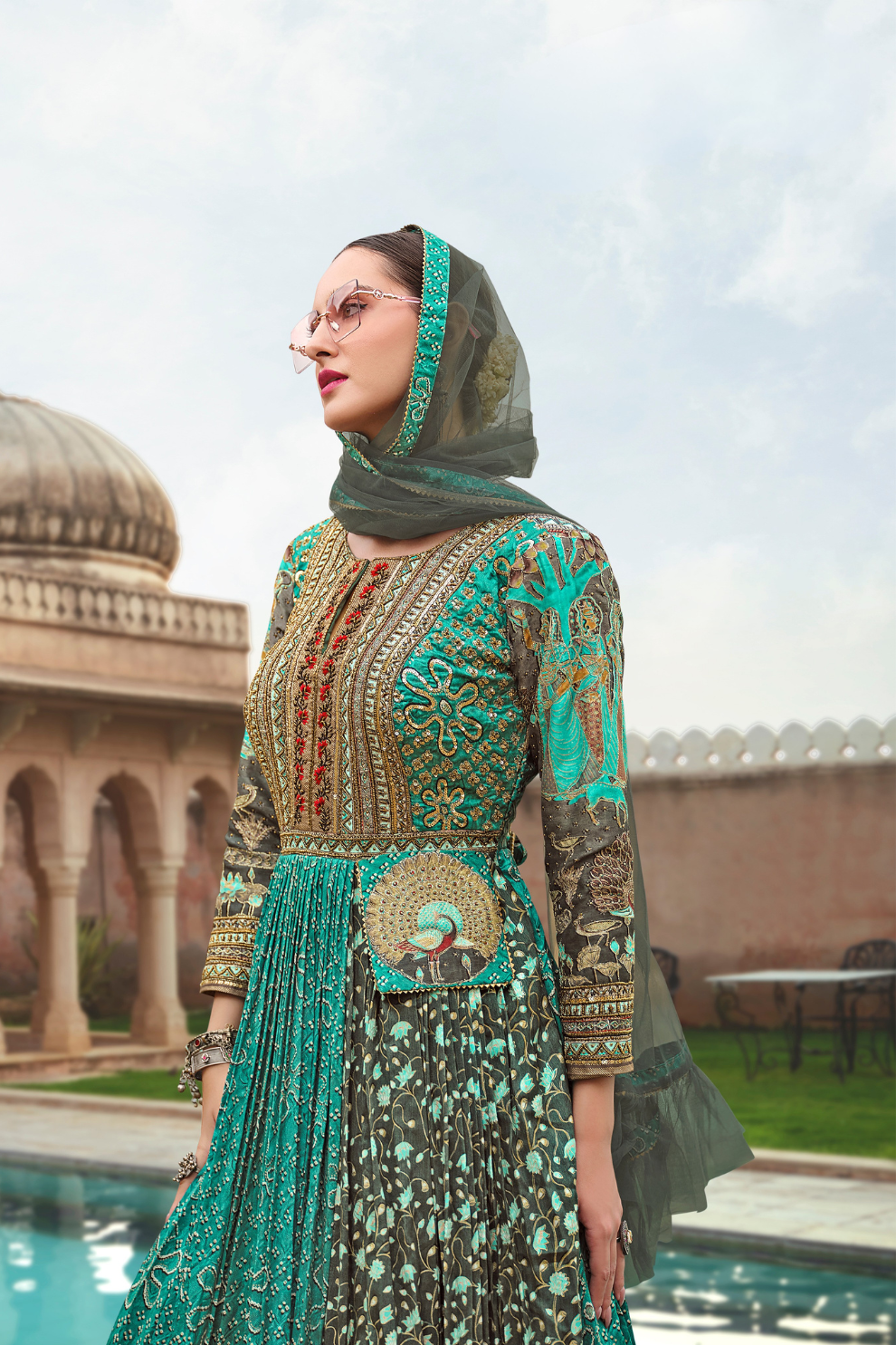 Blue Floral Printed Anarkali Gown In Premium Silk