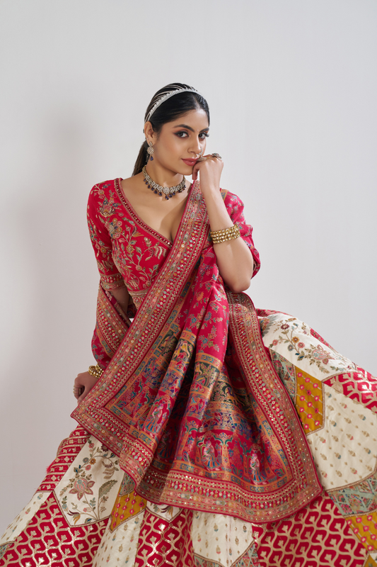 Multicolour Designer Bridal Lehenga with Banarasi Mosaic Weaving and Scallop Detailing