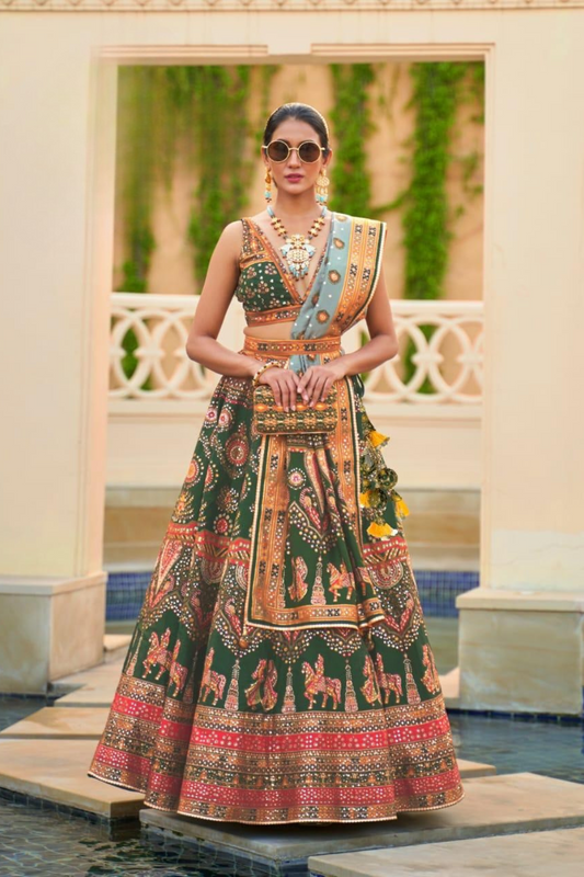 Emerald Elegance Silk Lehenga Choli with Intricate Embroidery - LaVante Fashion
