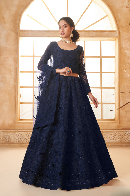 Festive Navy Blue Stone-Studded Net Lehenga Skirt