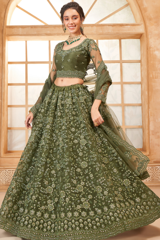 Vibrant Olive Green Mehendi Wear Lehenga Choli In Designer Net