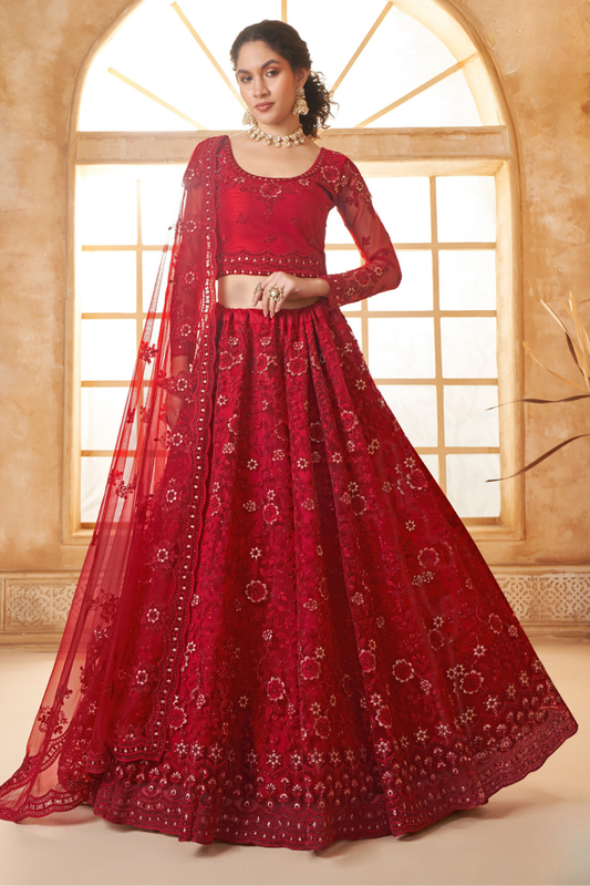 Bridal Red Net Lehenga Choli With Rich Embroidery & Dupatta