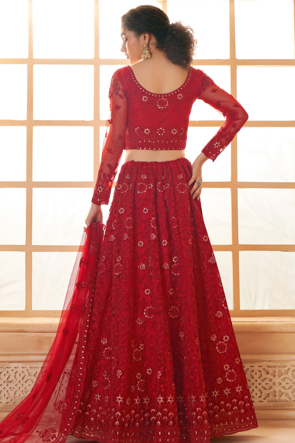 Bridal Red Net Lehenga Choli With Rich Embroidery & Dupatta