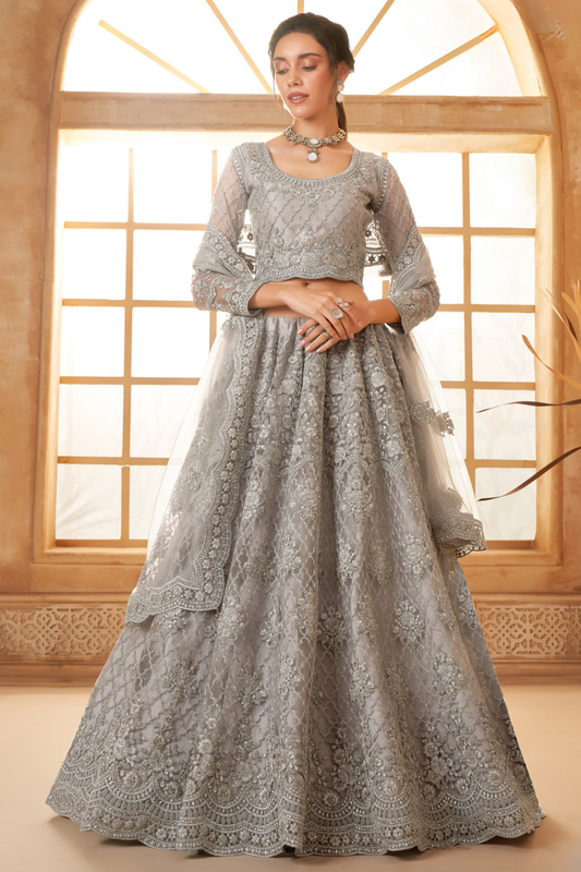 Charming Grey Soft Net Lehenga Choli For Engagement Ceremonies